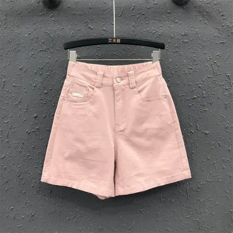 2023夏季新款粉色减龄设计感宽松显瘦牛仔短裤女高腰阔腿五分裤潮商品大图