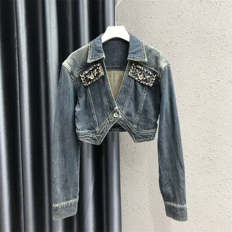 2023秋季新款重工烫钻牛仔外套女个性V领设计辣妹长袖短款上衣潮图片