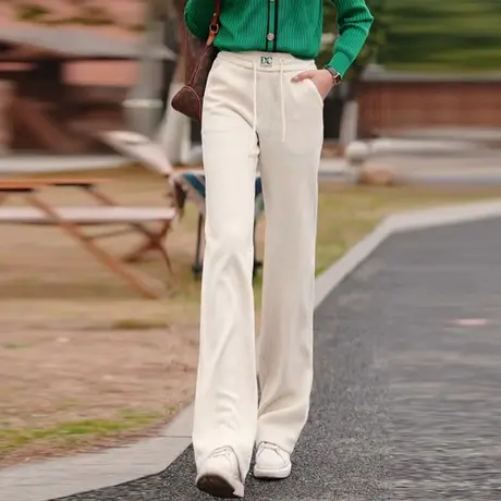 雪尼尔窄版阔腿裤女春秋2023宽松显瘦抽绳休闲裤子高腰垂感直筒裤商品大图