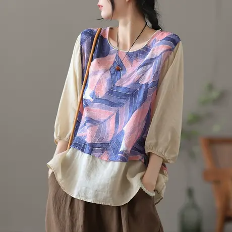 dza复古短袖苎麻上衣女士夏季2022薄款七分袖t恤短款打底棉麻体恤商品大图