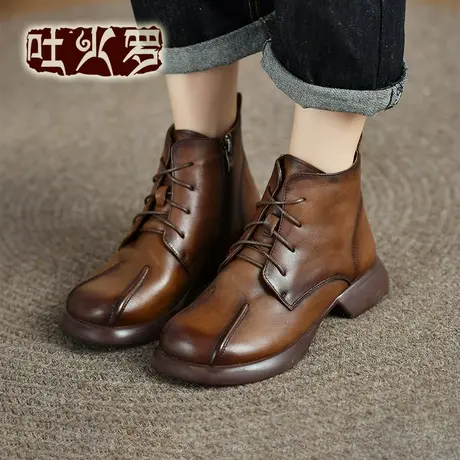 Tokharoi2022秋季新款短靴单靴复古圆头女士休闲鞋方跟百搭马丁靴商品大图