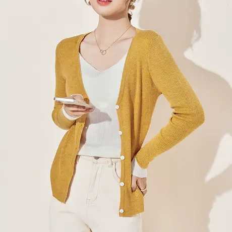 假两件V领针织开衫女2023春秋条纹韩版打底衫羊毛上衣外穿薄毛衣商品大图