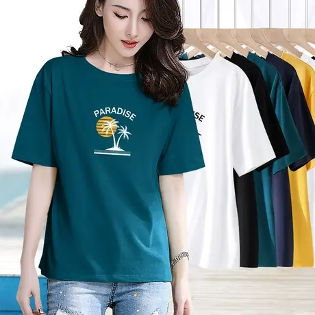 蓝色t恤女夏季短袖纯棉宽松印花简约休闲基础款大码显瘦半袖上衣图片