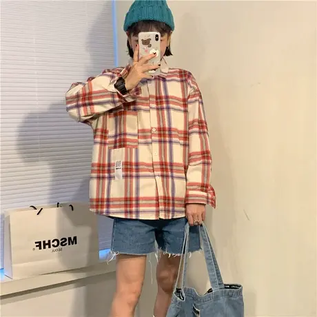 红续~2023春装新款韩版复古格子港风ins潮盐系少女长袖衬衫衬衣图片