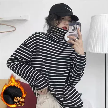 2023新款条纹半高领加绒打底衫ins女港风长袖百搭内搭秋冬t恤上衣商品大图