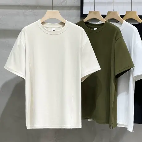 雪糕绒2023新款T恤极简拼接短袖简约美式宽松潮流百搭款T内搭男士商品大图