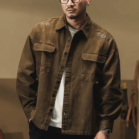 时尚潮流男士衬衫外套美式休闲复古宽松日系秋季大码春秋工装衬衣图片