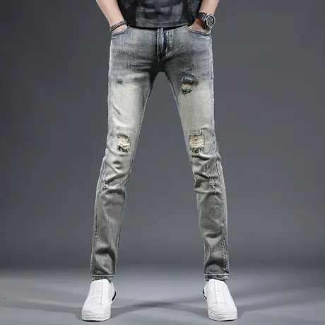 复古牛仔裤男破洞潮流修身小脚高端水洗男士牛仔裤美式休闲百搭商品大图