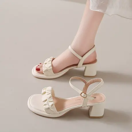 仙女风粗跟凉鞋女款夏季2023新款一字带高跟鞋女夏配裙子罗马鞋子商品大图