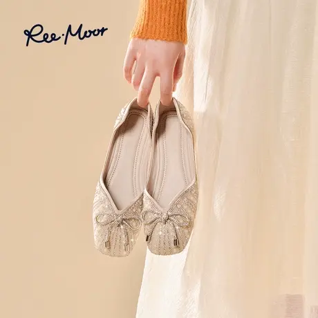 REEMOOR睿慕水钻单鞋女2023秋新款浅口珍珠蝴蝶结船鞋平底鞋婚鞋商品大图