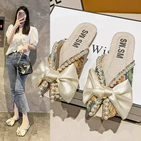 小碎花凉拖包头半拖鞋女夏外穿2023新款蝴蝶结珍珠平底鞋穆勒拖鞋商品大图
