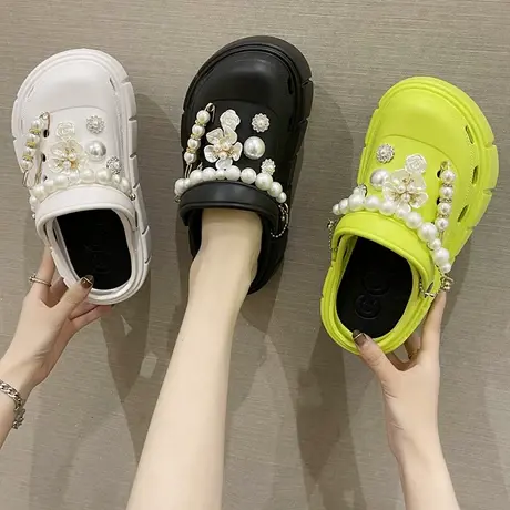 洞洞鞋女ins潮夏季外穿时尚珍珠贝母花增高厚底防滑沙滩包头拖鞋图片