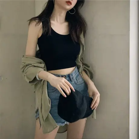 美式短款小背心吊带女装夏季宽肩带胸垫内搭运动美背外穿打底上衣商品大图
