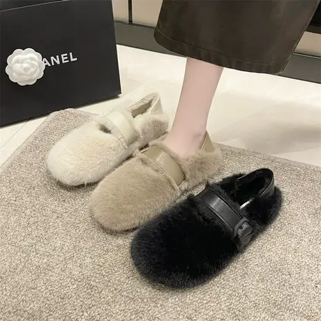 豆豆鞋女2023新款配裙子轻便冬季加绒奶奶鞋超火平底羊羔毛毛鞋冬商品大图