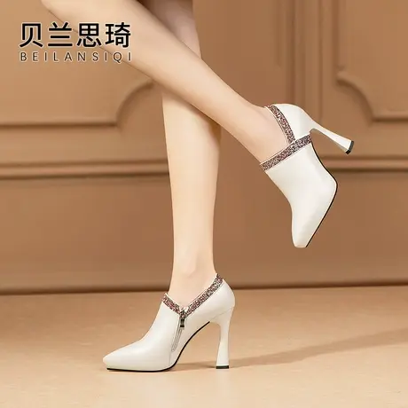 真皮拼接防水台高跟鞋女2024春秋季新款百搭尖头细跟深口单鞋商品大图