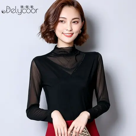 黑色加绒网纱打底衫女长袖薄款内搭T恤上衣洋气百搭高领蕾丝小衫商品大图
