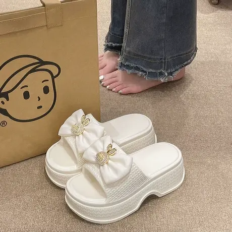 蝴蝶结拖鞋女款夏季外穿可爱水钻兔子松糕厚底增高沙滩防滑凉拖鞋商品大图