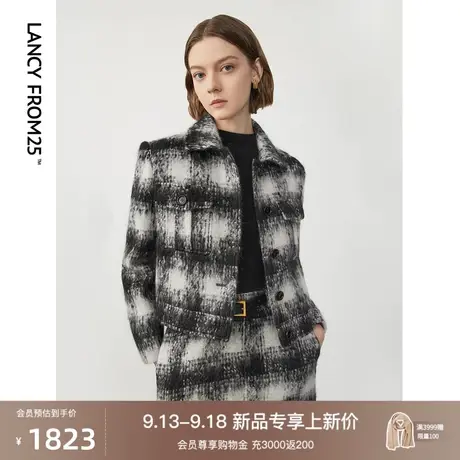 朗姿羊毛复古格纹休闲夹克翻领短外套女2023年冬季新款上衣高级感图片