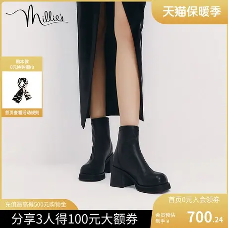 millie's妙丽冬新款法式牛皮时尚简约粗跟时装女短靴SGP23DD2图片