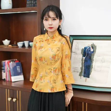 筠雅唐装女中国风黄色旗袍上衣秋季佛系复古休闲中国风女装22J262商品大图