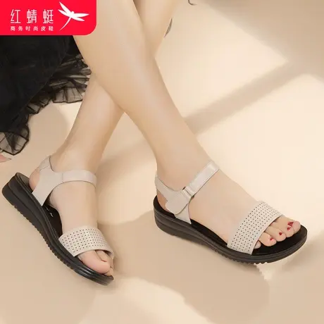 红蜻蜓女凉鞋中老年平底妈妈鞋坡跟真皮软底厚底防滑一字带凉鞋女商品大图