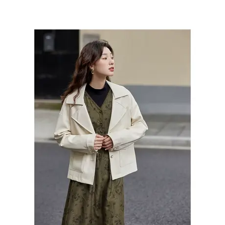 茵曼法式通勤翻领落肩皮外套2023秋女装新款经典宽松不挑人暖上衣图片
