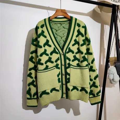 慵懒风针织开衫女秋冬新款宽松v领提花设计感小众中长款毛衣外套商品大图