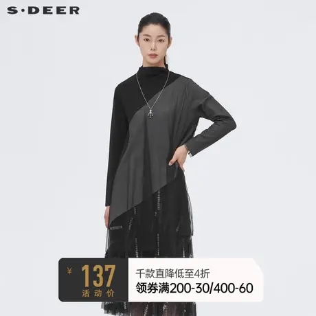 sdeer圣迪奥秋装女装半高领撞色拼接网纱长袖T恤S221Z0232👘图片