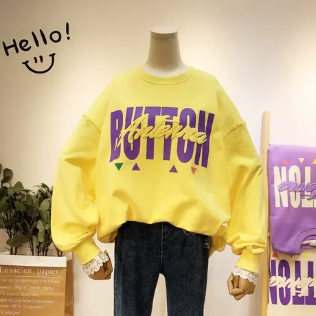 2020春装新款韩国东大门ins甜美字母蕾丝袖毛圈棉卫衣闺蜜姐妹装商品大图