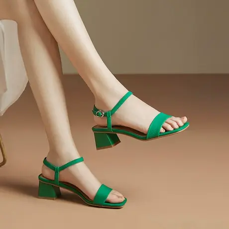 粗跟凉鞋女夏季新款中跟真皮女鞋一字带法式气质简约配裙子ins潮商品大图