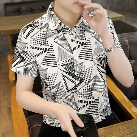 2025夏季男士短袖衬衫韩版潮流修身痞帅花上衣服冰丝薄款凉爽寸衫商品大图