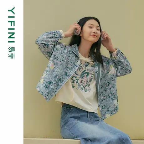 [专柜同款]Yifini/易菲纯棉简约全印花时尚感宽松短款外套上衣女图片