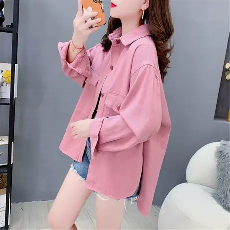 粉色复古港味牛仔衬衫外套女春秋2023年新款宽松设计感百搭上衣潮商品大图
