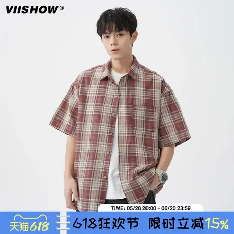 VIISHOW复古撞色格纹短袖衬衫男夏季2025新款宽松休闲薄款衬衣图片