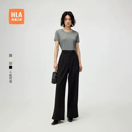 HLA/海澜之家时尚黑色短袖T恤2025春夏新款圆领弹力上衣直筒女装商品大图