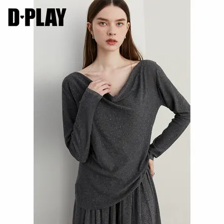 DPLAY年秋季百搭灰色荡领宽松针织衫亮片混纺上衣女毛衫商品大图
