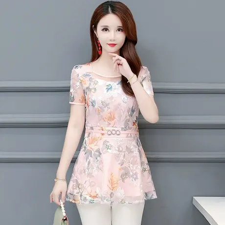 2023夏季短袖衫女上衣绣花蕾丝雪纺衫大码刺绣修身显瘦洋气女装潮商品大图