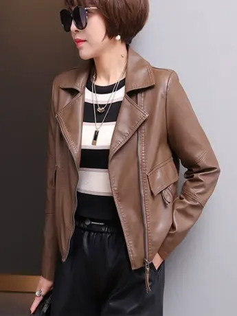 皮衣女短款2023春季新款外套宽松气质百搭韩版炸街休闲水洗皮夹克商品大图