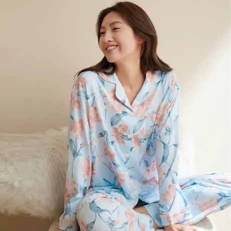 秋鹿【超柔软】纯棉睡衣女春秋款翻领开衫碎花长袖长裤家居服套装商品大图