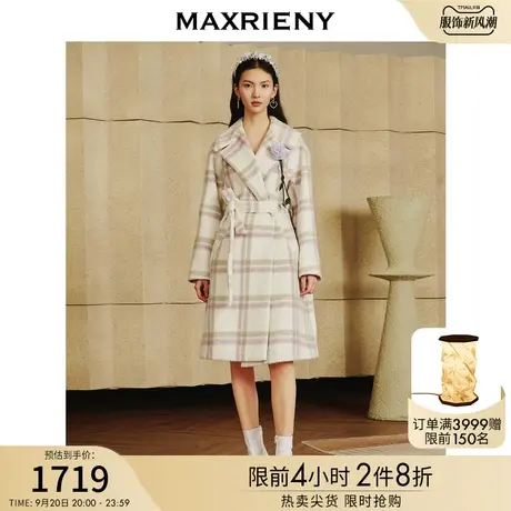 MAXRIENY格纹复古简约大衣宽松冬毛呢外套长款女商品大图
