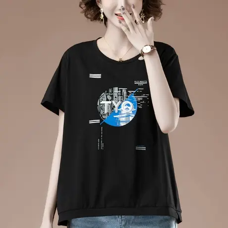 短袖t恤女夏季新款加肥加大码女装宽松纯棉休闲百搭印花显瘦体恤商品大图