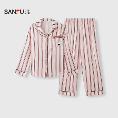 三福女秋季翻领条纹趣味图案睡衣套装 宽松柔滑家居服504572商品大图