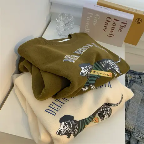 小狗印花圆领套头卫衣女砖红色春秋薄款宽松休闲外套上衣韩版2023商品大图