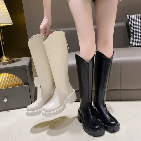 v口不过膝长靴女2023春秋新款时尚厚底高筒靴显瘦气质增高骑士靴图片