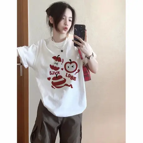 白色短袖t恤女夏季2025新款网红宽松韩版慵懒风小众纯棉半袖上衣图片