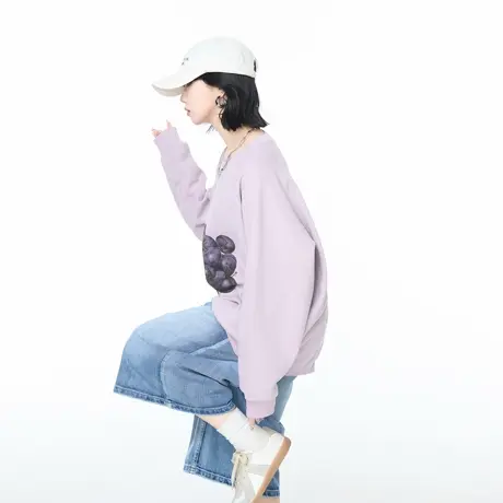 YEP春秋新款浅紫色葡萄印花圆领卫衣女宽松外套美式街头套头上衣商品大图