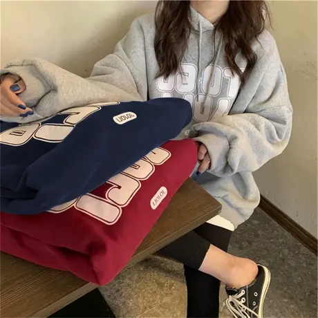 连帽卫衣女秋冬季加绒加厚2021新款韩版宽松bf慵懒风百搭上衣外套商品大图