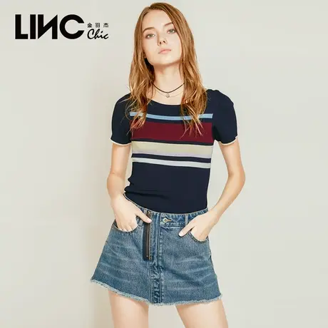 LINC金羽杰针织衫夏装新款漏背撞色修身条纹短袖针织衫女8250602图片
