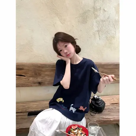 纯棉重磅短袖t恤女宽松慵懒小众设计感百搭半袖潮牌藏蓝色上衣夏图片