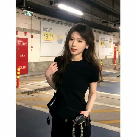 高腰辣妹显瘦正肩短袖黑色t恤女夏季新款美式韩版修身百搭上衣服商品大图